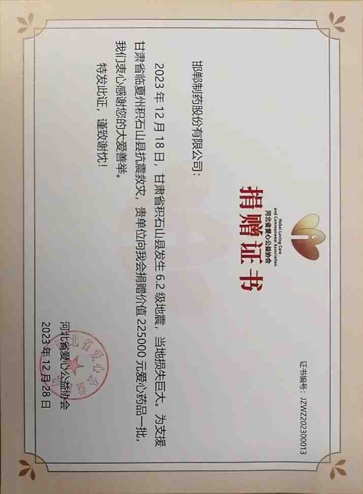2023年通過河北省愛心公益協(xié)會(huì)為甘肅省臨夏州積石山縣捐贈(zèng)救災(zāi)物資22.5萬。